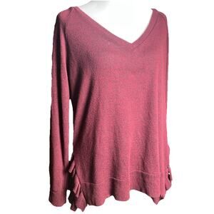 Wrangler Wm Sz Med V Neck Sweater Ruffle Slit Bottom Hem in Heather Burgundy